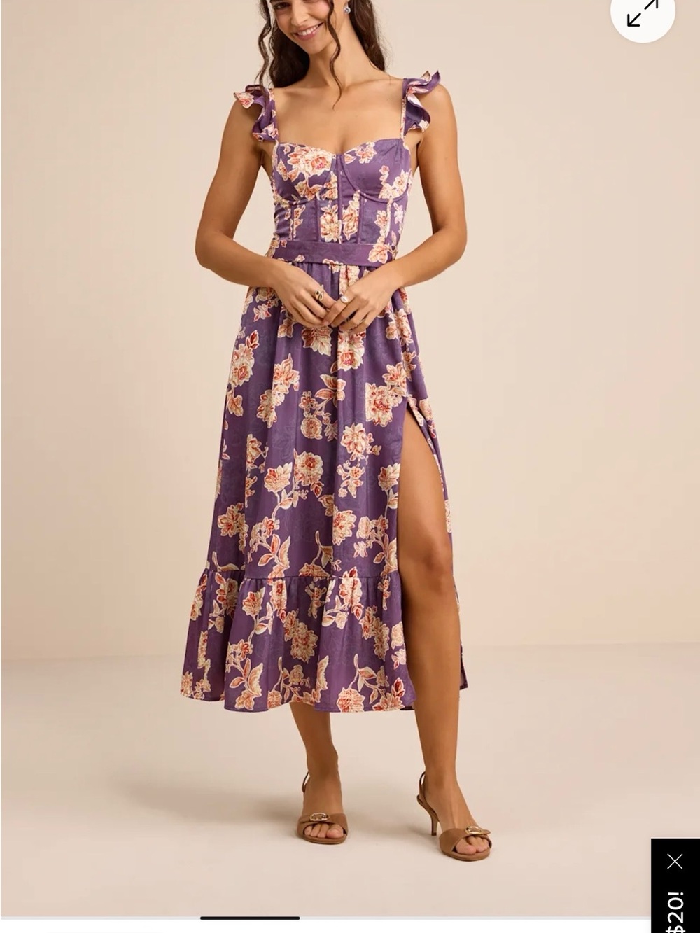 Lulu's Purple Floral Ruffle Strap Midi Dress